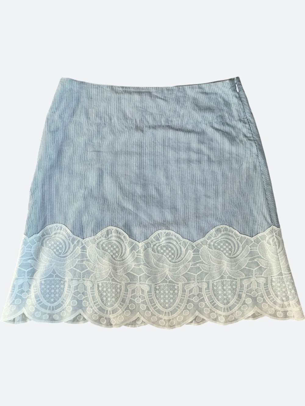 Anthropologie snak Blue White Pinstripe Cotton Skirt Lace Border SZ 6 - Picture 3 of 8